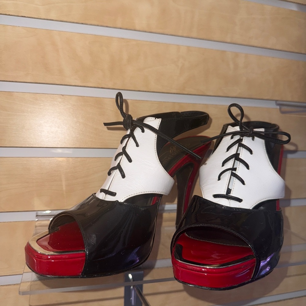 Donald J Pliner Lace-Up Slingback Heels – Black/White/Red Patent